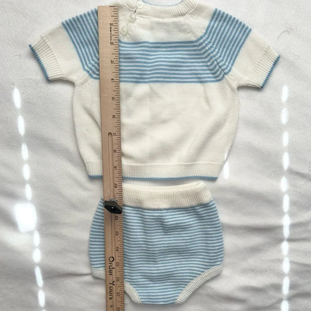 Vintage Miniatures in Fashion 2pc Set Baby Boy Knit Ship Outfit 0-3M Blue Ivory